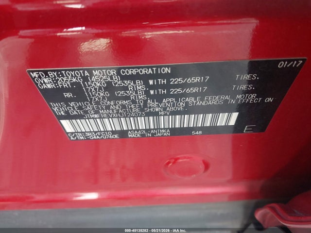 45135282 :رقم المزاد ، JTMWFREVXHJ124073 vin ، 2017 Toyota Rav4 Xle مزاد بيع