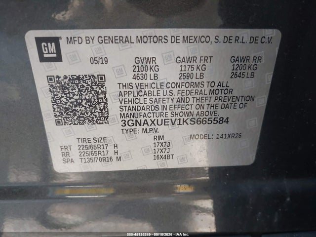 2019 Chevrolet Equinox Lt მანქანა იყიდება აუქციონზე, vin: 3GNAXUEV1KS665584, აუქციონის ნომერი: 45135289