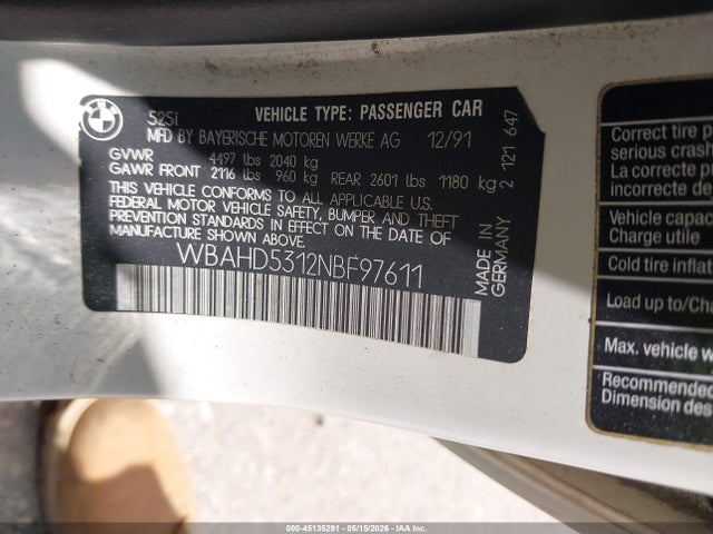 Aukcja sprzedaży 1992 Bmw 525 I, vin: WBAHD5312NBF97611, numer aukcji: 45135291