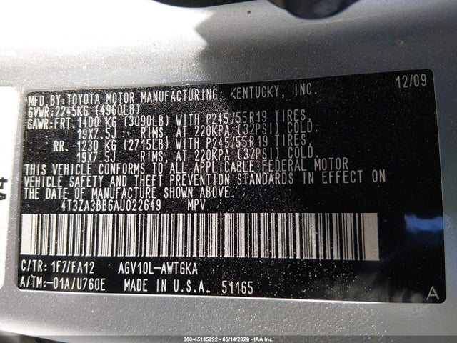 Aukcja sprzedaży 2010 Toyota Venza, vin: 4T3ZA3BB6AU022649, numer aukcji: 45135292