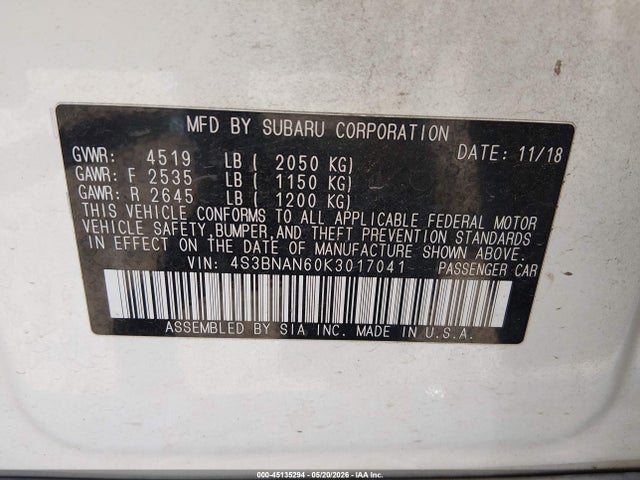Aukcja sprzedaży 2019 Subaru Legacy 2.5i Limited, vin: 4S3BNAN60K3017041, numer aukcji: 45135294