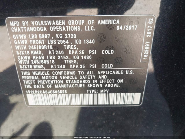 Продаж на аукціоні авто 2018 Volkswagen Atlas 3.6l V6 Se/3.6l V6 Se W/technology, vin: 1V2LR2CA5JC503525, номер лоту: 45135299