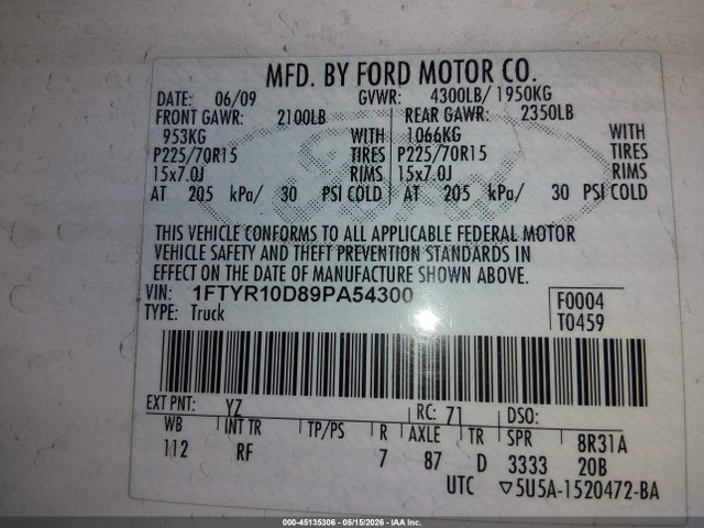 Продажа на аукционе авто 2009 Ford Ranger Sport/xl/xlt, vin: 1FTYR10D89PA54300, номер лота: 45135306