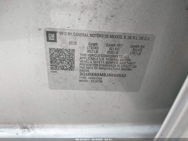 Продаж на аукціоні авто 2018 Chevrolet Cruze Lt Auto, vin: 3G1BE6SM8JS653532, номер лоту: 45135317