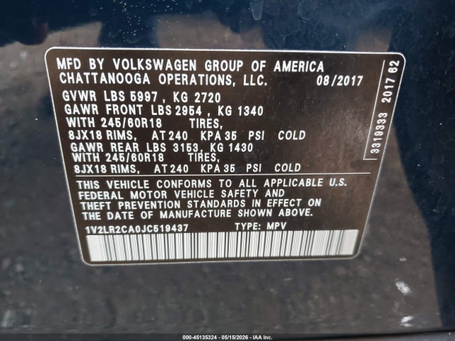 Продаж на аукціоні авто 2018 Volkswagen Atlas 3.6l V6 Se/3.6l V6 Se W/technology, vin: 1V2LR2CA0JC519437, номер лоту: 45135324