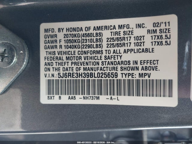 Продажа на аукционе авто 2011 Honda Cr-v Lx, vin: 5J6RE3H39BL025659, номер лота: 45135333