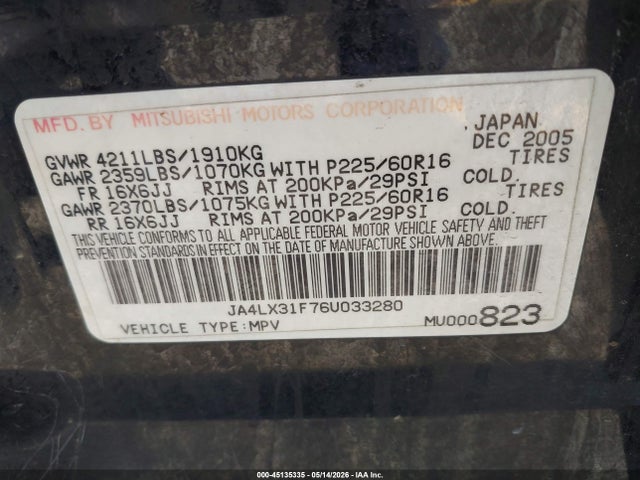 Aukcja sprzedaży 2006 Mitsubishi Outlander Ls, vin: JA4LX31F76U033280, numer aukcji: 45135335