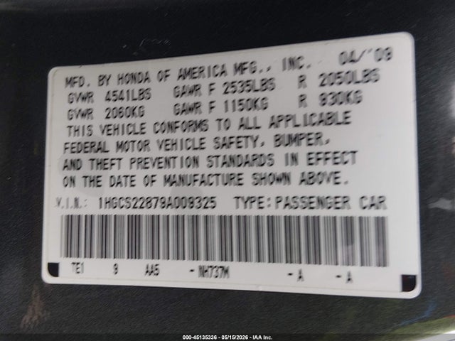 45135336 :رقم المزاد ، 1HGCS22879A009325 vin ، 2009 Honda Accord 3.5 Ex-l مزاد بيع