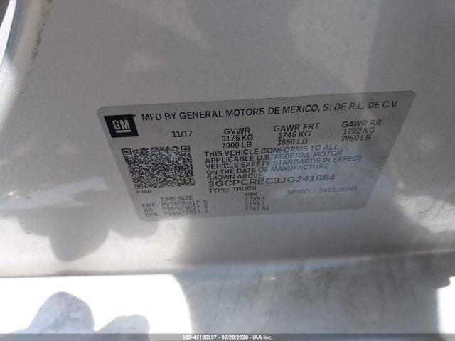 3GCPCREC3JG241884 Chevrolet Silverado 1500 1lt