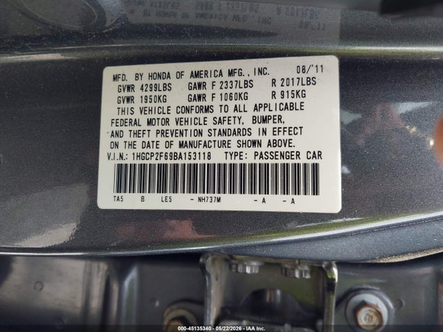 45135340 :رقم المزاد ، 1HGCP2F69BA153118 vin ، 2011 Honda Accord 2.4 Se مزاد بيع