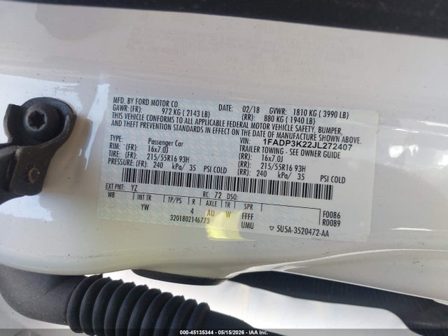 1FADP3K22JL272407 Ford FOCUS SE