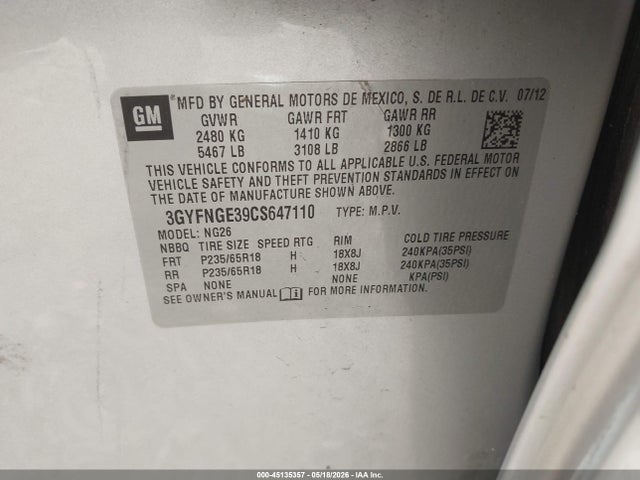 2012 Cadillac Srx Standard მანქანა იყიდება აუქციონზე, vin: 3GYFNGE39CS647110, აუქციონის ნომერი: 45135357