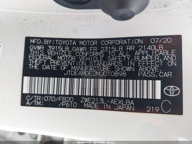 Продаж на аукціоні авто 2021 Toyota Corolla Hybrid Le, vin: JTDEAMDE2MJ010898, номер лоту: 45135362