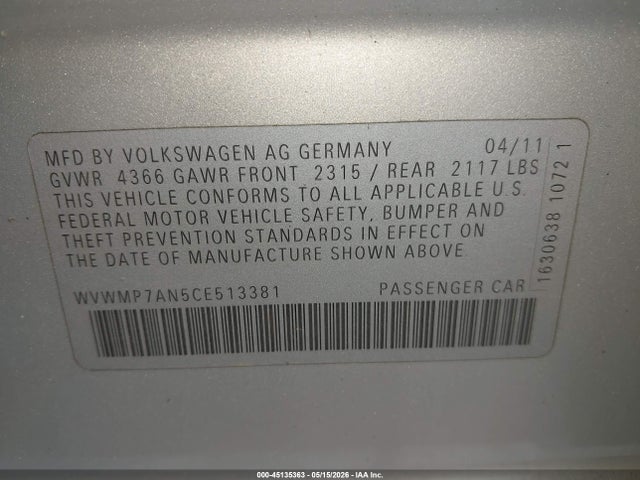 45135363 :رقم المزاد ، WVWMP7AN5CE513381 vin ، 2012 Volkswagen Cc Sport مزاد بيع