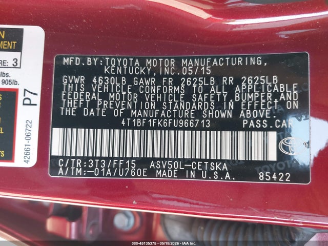 2015 Toyota Camry Se მანქანა იყიდება აუქციონზე, vin: 4T1BF1FK6FU966713, აუქციონის ნომერი: 45135375