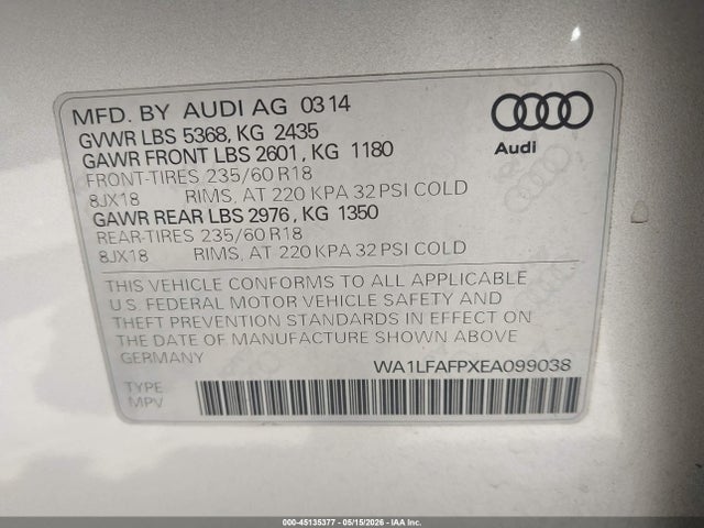 Aukcja sprzedaży 2014 Audi Q5 2.0t Premium, vin: WA1LFAFPXEA099038, numer aukcji: 45135377
