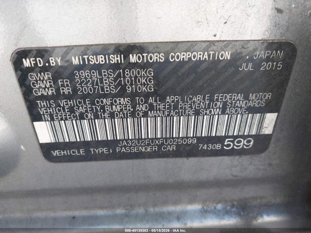 Продажа на аукционе авто 2015 Mitsubishi Lancer Es, vin: JA32U2FUXFU025099, номер лота: 45135382