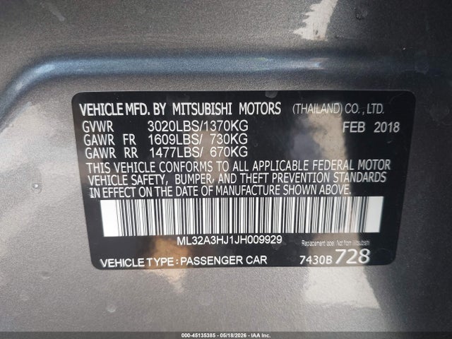 2018 Mitsubishi Mirage Es მანქანა იყიდება აუქციონზე, vin: ML32A3HJ1JH009929, აუქციონის ნომერი: 45135385