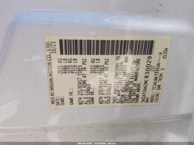 5N1AT3AA2MC830029 Nissan Rogue S Fwd