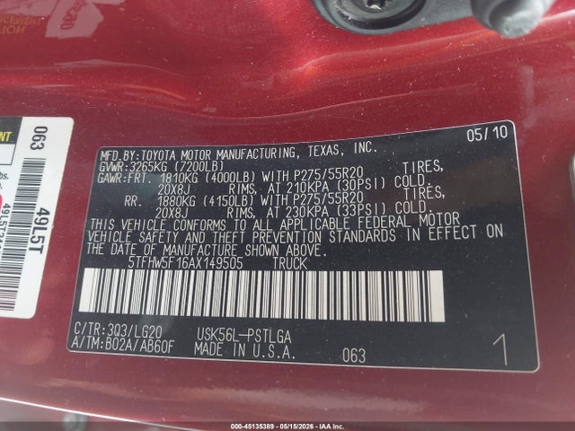 Продажа на аукционе авто 2010 Toyota Tundra Limited 5.7l V8, vin: 5TFHW5F16AX149505, номер лота: 45135389