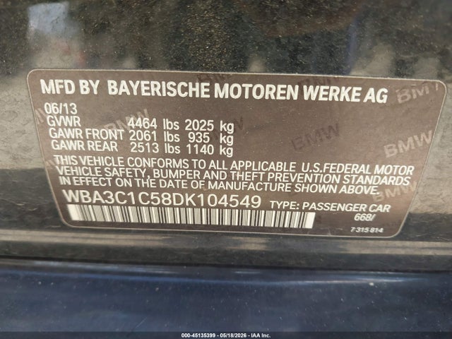 45135399 :رقم المزاد ، WBA3C1C58DK104549 vin ، 2013 Bmw 328i مزاد بيع