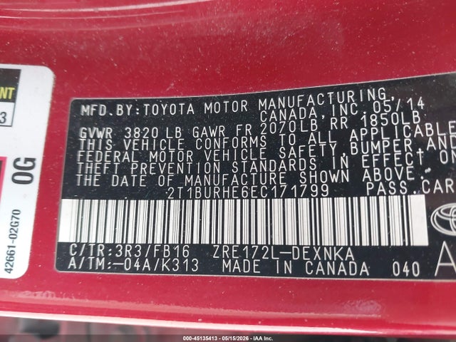 45135413 :رقم المزاد ، 2T1BURHE6EC171799 vin ، 2014 Toyota Corolla Le مزاد بيع