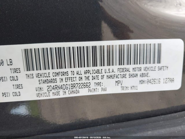 45135416 :رقم المزاد ، 2D4RN4DG1BR722662 vin ، 2011 Dodge Grand Caravan Express مزاد بيع