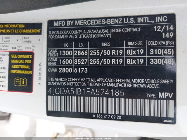 Aukcja sprzedaży 2015 Mercedes-benz Ml 350, vin: 4JGDA5JB1FA524185, numer aukcji: 45135425
