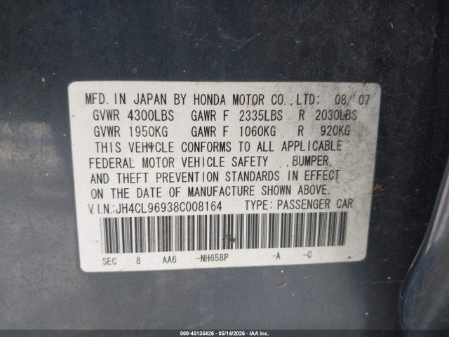 45135426 :رقم المزاد ، JH4CL96938C008164 vin ، 2008 Acura Tsx مزاد بيع
