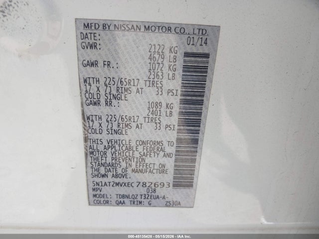 Продаж на аукціоні авто 2014 Nissan Rogue Sv, vin: 5N1AT2MVXEC782693, номер лоту: 45135428