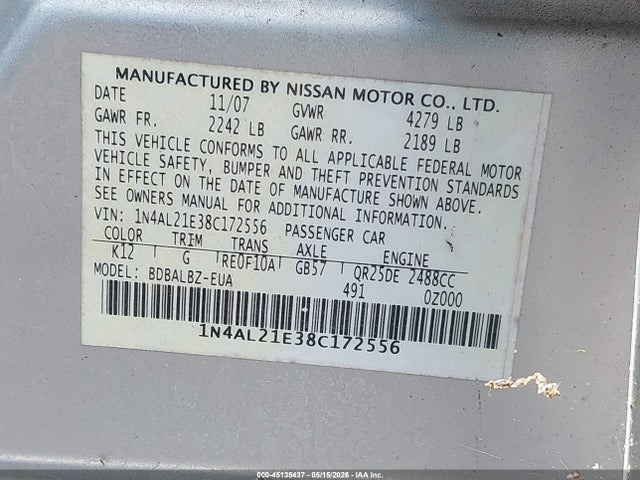 45135437 :رقم المزاد ، 1N4AL21E38C172556 vin ، 2008 Nissan Altima 2.5 S مزاد بيع