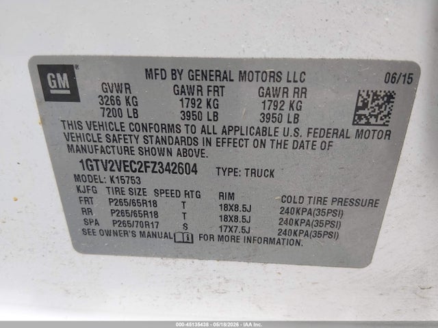 2015 Gmc Sierra 1500 Slt მანქანა იყიდება აუქციონზე, vin: 1GTV2VEC2FZ342604, აუქციონის ნომერი: 45135438