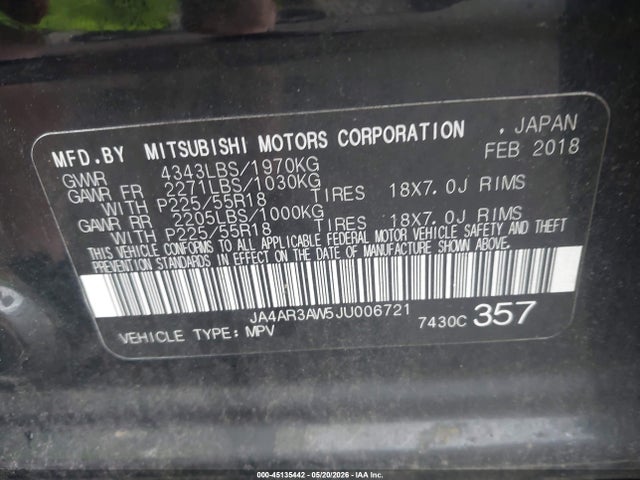 45135442 :رقم المزاد ، JA4AR3AW5JU006721 vin ، 2018 Mitsubishi Outlander Sport 2.4 Se مزاد بيع