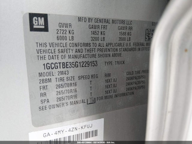 Продаж на аукціоні авто 2016 Chevrolet Colorado Wt, vin: 1GCGTBE35G1229153, номер лоту: 45135444
