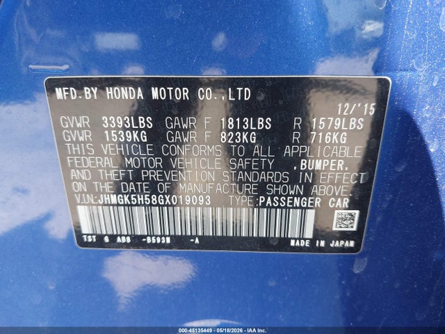 Aukcja sprzedaży 2016 Honda Fit Lx, vin: JHMGK5H58GX019093, numer aukcji: 45135449