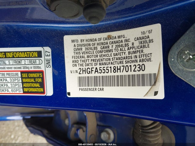 Auction sale of the 2008 Honda Civic Si/si Mugen, vin: 2HGFA55518H701230, lot number: 45135453