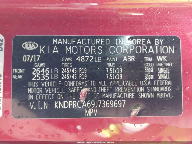 45135454 :رقم المزاد ، KNDPRCA69J7369697 vin ، 2018 Kia Sportage Sx Turbo مزاد بيع