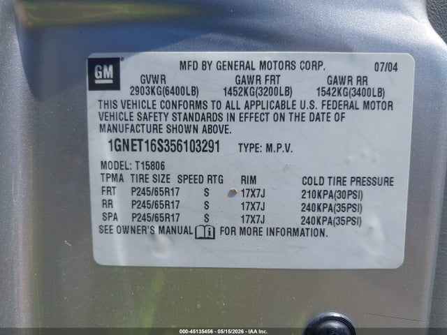45135456 :رقم المزاد ، 1GNET16S356103291 vin ، 2005 Chevrolet Trailblazer Ext Ls مزاد بيع