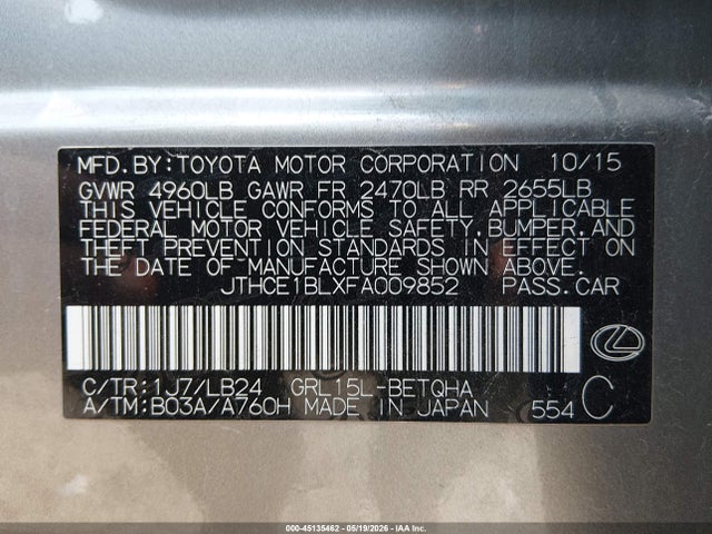 Продажа на аукционе авто 2015 Lexus Gs 350, vin: JTHCE1BLXFA009852, номер лота: 45135462
