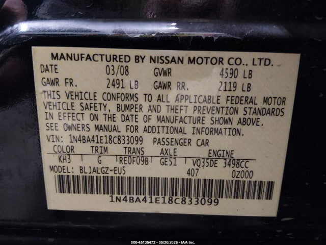 Продаж на аукціоні авто 2008 Nissan Maxima 3.5 Sl, vin: 1N4BA41E18C833099, номер лоту: 45135472
