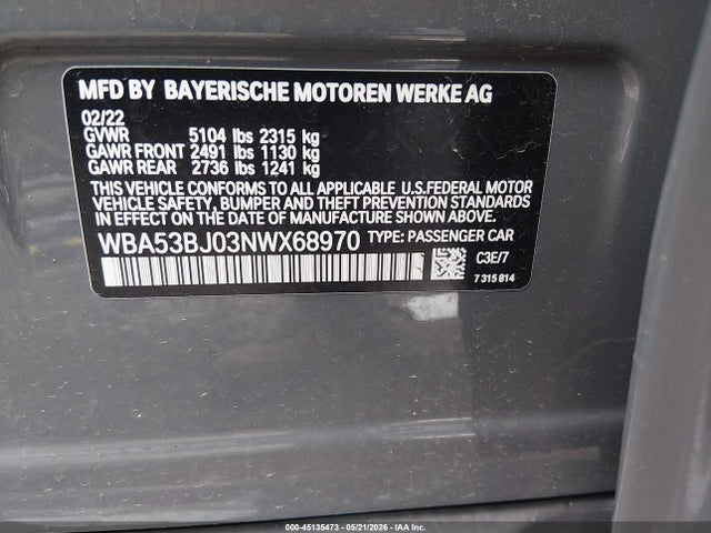 2022 Bmw 540 I მანქანა იყიდება აუქციონზე, vin: WBA53BJ03NWX68970, აუქციონის ნომერი: 45135473