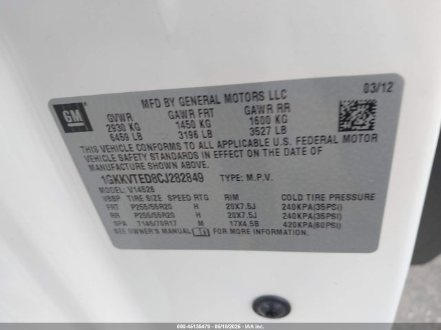 45135479 :رقم المزاد ، 1GKKVTED8CJ282849 vin ، 2012 Gmc Acadia Denali مزاد بيع