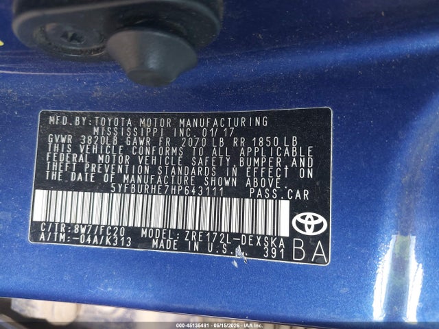 Toyota COROLLA SE 2017 5YFBURHE7HP643111 Image 9