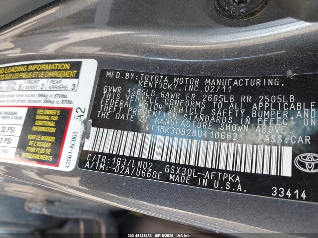 Продажа на аукционе авто 2011 Toyota Avalon Limited, vin: 4T1BK3DB2BU410662, номер лота: 45135483