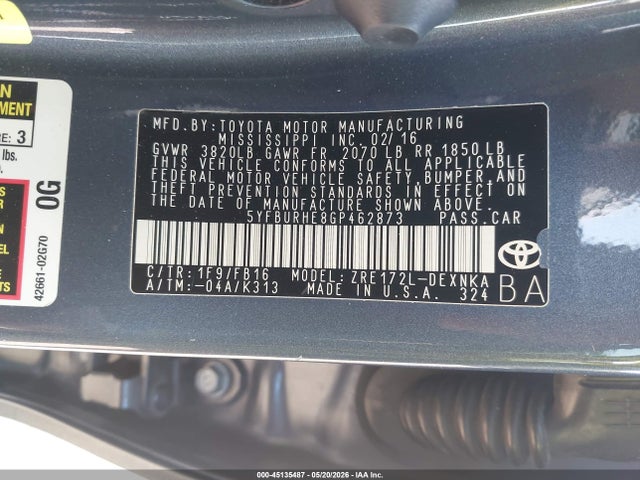 45135487 :رقم المزاد ، 5YFBURHE8GP462873 vin ، 2016 Toyota Corolla Le مزاد بيع