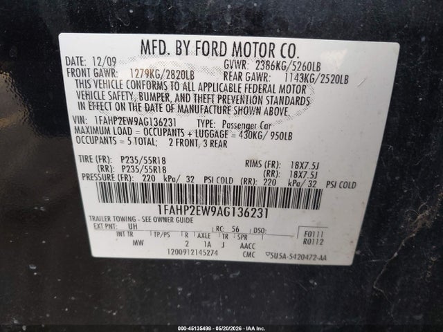 45135498 :رقم المزاد ، 1FAHP2EW9AG136231 vin ، 2010 Ford Taurus Sel مزاد بيع
