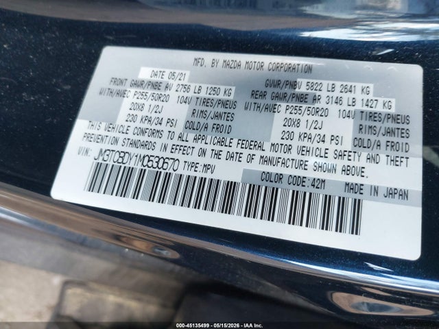 Aukcja sprzedaży 2021 Mazda Cx-9 Grand Touring, vin: JM3TCBDY1M0530670, numer aukcji: 45135499