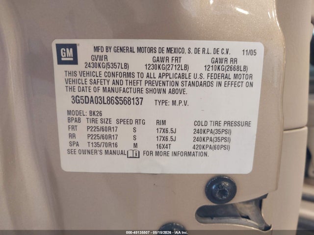 2006 Buick Rendezvous Cx მანქანა იყიდება აუქციონზე, vin: 3G5DA03L86S568137, აუქციონის ნომერი: 45135507