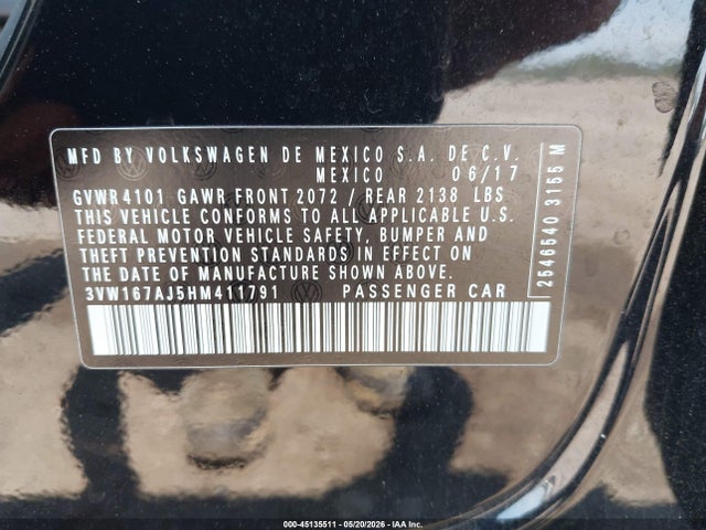 Aukcja sprzedaży 2017 Volkswagen Jetta 1.4t S, vin: 3VW167AJ5HM411791, numer aukcji: 45135511