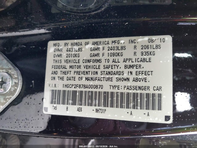 Aukcja sprzedaży 2011 Honda Accord 2.4 Ex-l, vin: 1HGCP2F87BA000870, numer aukcji: 45135512